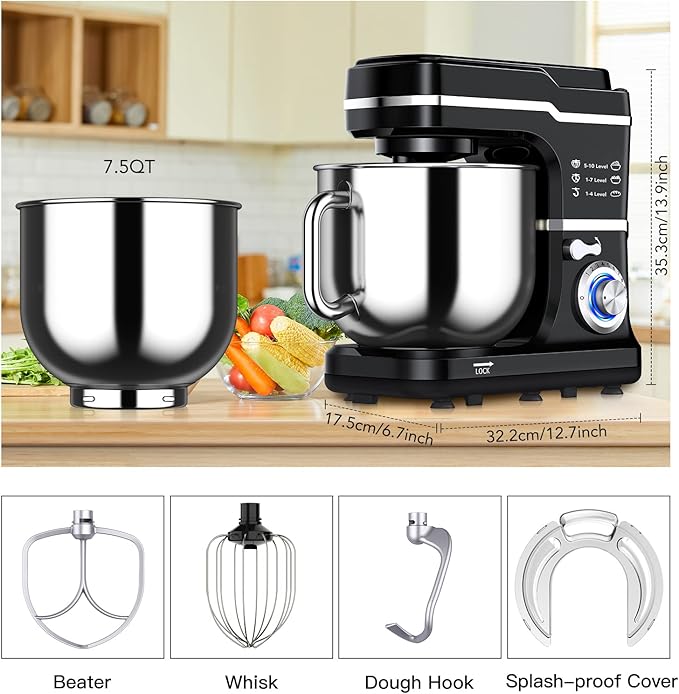 Garvee 7.5 QT Stand Food Mixer, 10-Speed Tilt Head 3 in-1 Kitchen Electric Mixer with Stainless Steel Bowl, Egg Whisk, Dough Hook, Beater, Splash Guard, Compact Dough Mixer for Home Cooks, Black