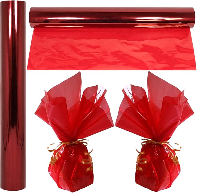 AnapoliZ Cellophane Wrap Roll Red | 100’ Ft. Long X 16” in. Wide | 2.3 Mil Thick Transparent Red | Gifts, Baskets, Treats, Cellophane Wrapping Paper | Colorful Cello Christmas, Holiday Color