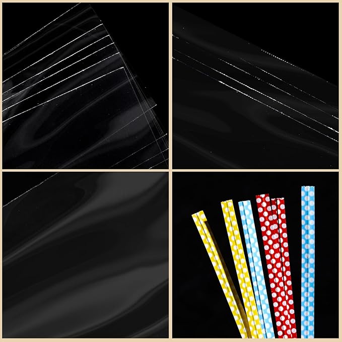 Brandon-super 200 PCS Transparent Clear Cellophane Bags 4x4 Inches, Clear Treat Bags with Ties for Cookie Bags Resealable Cellophane Bag for Packaging Cookies,Gifts,Products,Candy,Favors, Brandon610
