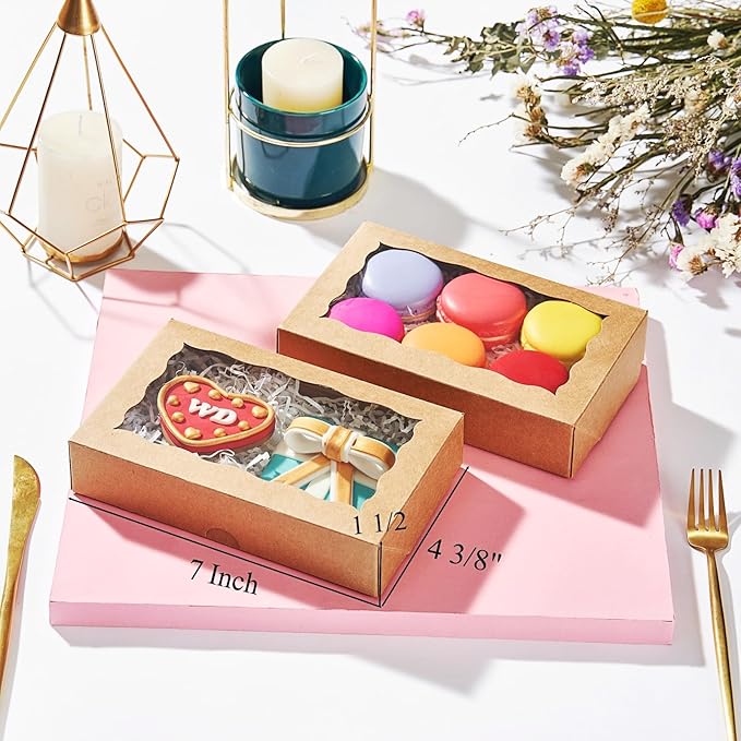 Brown Rectangular 7"X4.3"X1.5" Clear Window Disposable Snap-Flip Top 50 Count Pastry Boxes for Cookies, Macarons, Chocolate, Cake, Pastries, Dessert