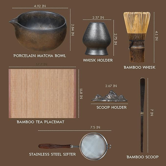 7-Piece Matcha Set, Ceramic Matcha Bowl, Bamboo Whisk (Chasen), Whisk Holder, Sifter, Tea Scoop & Scoop Rest, Special Bamboo Tea Mat, Harmonious Color Matcha Making Kit, Gilded