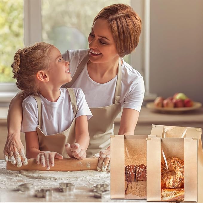 100 Pack Paper Bread Bags for Homemade Bread 14x8.3x3.5 Inches Sourdough Bags with Tin Tie Tab Lock Clear Front Window Large Kraft Bakery Bag, 100 PCS Sealing Stickers