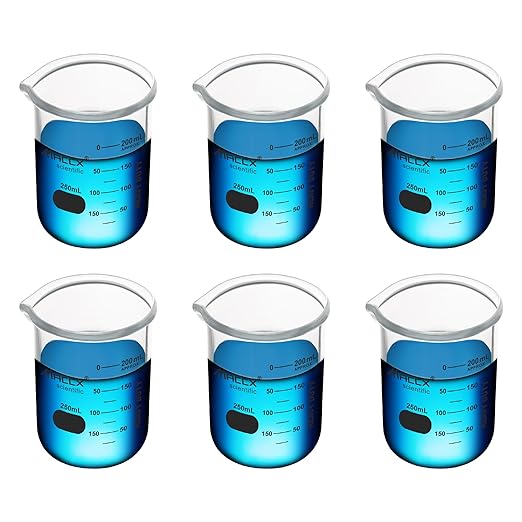 8.5oz(250ml) Sturdy Glass Beaker, Heavy-Duty Lab Beaker Set, 3.3 Borosilicate Griffin Low Form with Printed Graduation, Pack of 6, BKL250-006