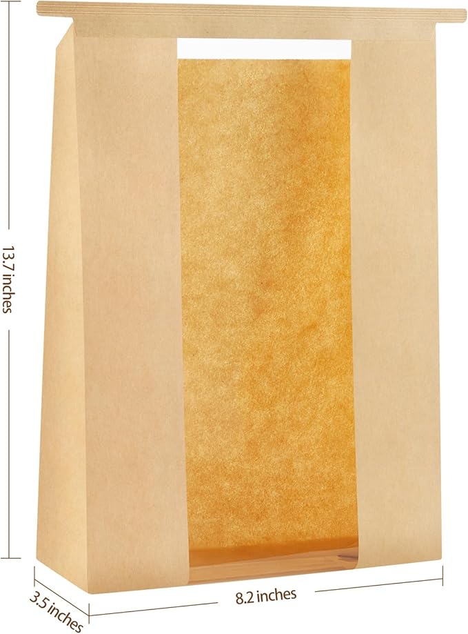 100 PCS Large Paper Bread Bags, 13.7 x 8.2 x 3.5 Inches Bakery Bags with Window, Homemade Bread Loaf Bags with Tin Tie Tab Lock and Seal Stickers
