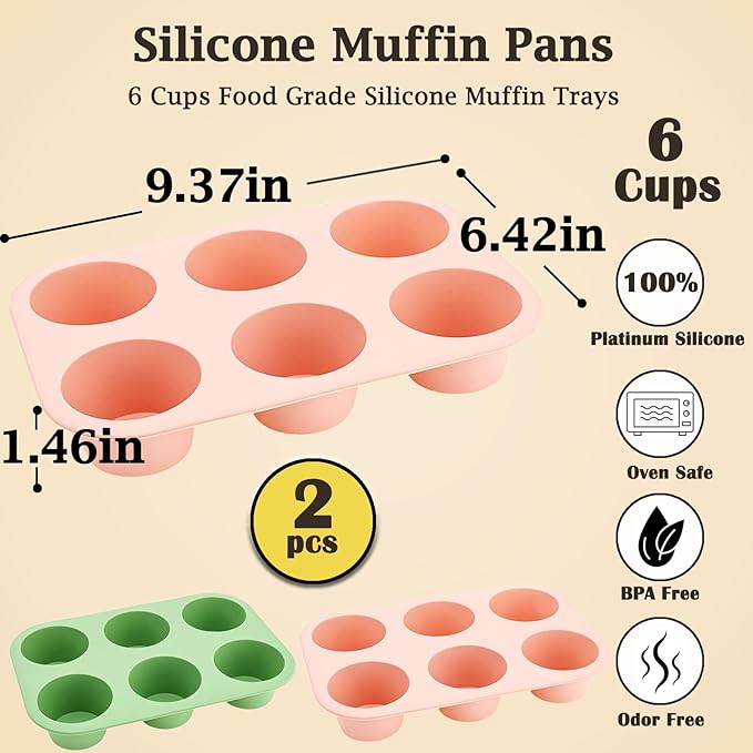 6 Cups Silicone Muffin Pan Set, Nonstick Mini Cupcake Pans, 2pcs BPA Free Small Muffin Tin for Baking