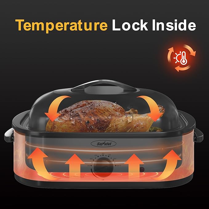 Sunvivi 14-Quart Electric Roaster Oven with Self-Basting Lid, Turkey Roaster Oven with Rack, Stainless Steel, Silver