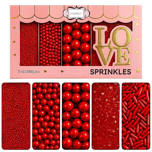 Confect Red Sprinkles Mix – Valentine’s Day, Birthday Cake & Cupcake Decoration – Includes Dragees, Jimmies & Sparkling Sugar –Edible Dessert Topping-Vegan, Gluten-Free, Nut-Free, Soy-Free, Dairy-Free, Palm Oil-Free- 5 Oz