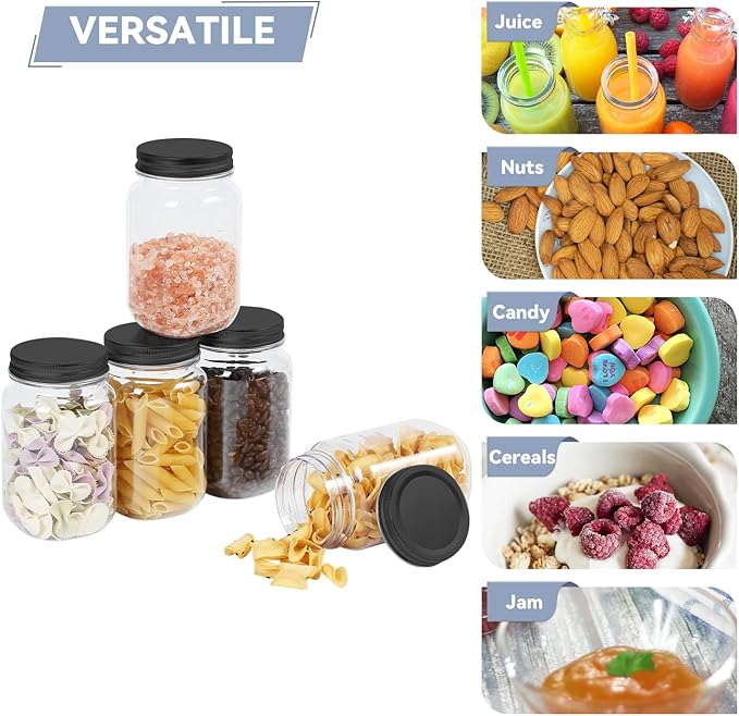 novelinks 16 oz Clear Plastic Jars with Screw-On Lids - BPA-Free Refillable Storage Containers for Slime, Food, Crafts, Kitchen & Household Use (20 Pack,Black)