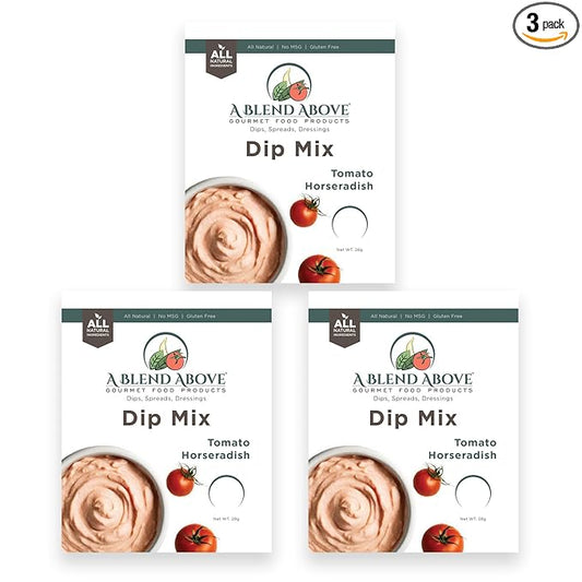 A Blend Above Tomato Horseradish Dip Mix, 3 Packs, 1 oz. Each, Makes 16 Ounces, Gluten-Free, No MSG, All Natural, No Preservatives, Vegan Friendly, Keto Friendly, Low Carb, Easy to Make