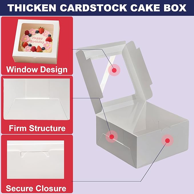 8x8x4 Inch Cake Box With Cake Boards, 12 Pack Easy To Assemble 8 Inch Bakery Boxes With Window, White Pastry Boxes For Baked Goods, Bakery Packaging For Charcuterie, Home Bakery Business Essentials