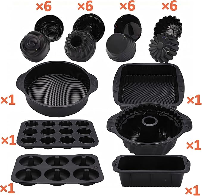 Silicone Baking Pans Set:30 in 1 Cake Baking Sheets,Cake Pans Sets for Baking Stable and Easy Demoulding,Donut Pan for Baking,Mini Bundt Cake Pans for Baking (Black)