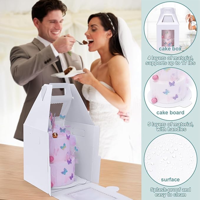 Tall Cake Boxes for Tier Cakes with Cake Boards 4 Pack 12x12x14 Inch Large Tiered Cake Carrier Containers with Window for Wedding Birthday Bakery