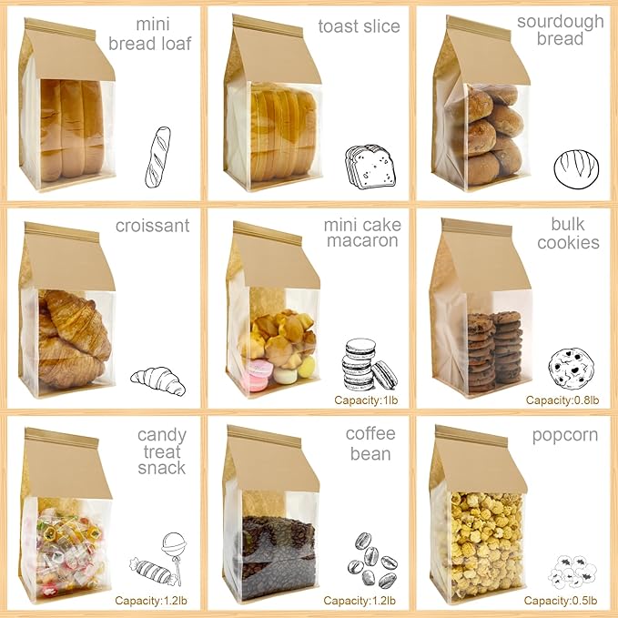 BIUBIU 25ct 5.1x4.3x11inch Thicker Paper Bread Bags for Homemade with Window & Tin Tie Tab Lock - Ideal for Sourdough Bread, Bakery, Baked Goods, Pastry & Cookie Packaging, Brown Kraft, Gift Giving