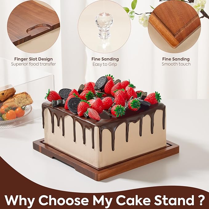 Acacia Wood Cake Stand with Lid-Cake Holder with Dome, 2-in-1 Dessert Table Display Set & Charcuterie Board with Lid,Square Cake Stand for Party,Fruit Tray,Cheese,Veggie,Large Cake Dome Cover