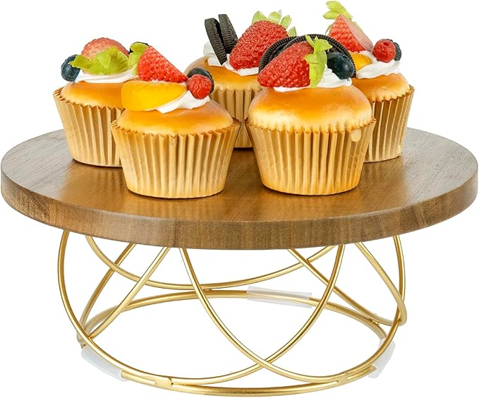 MyGift 10 Inch Round Cake Stand, Premium Acacia Solid Wood Gold Tone Metal Wire Pizza Pan Serving Stand, Table Display Riser for Cupcake Pie Dessert Wedding Party Decor