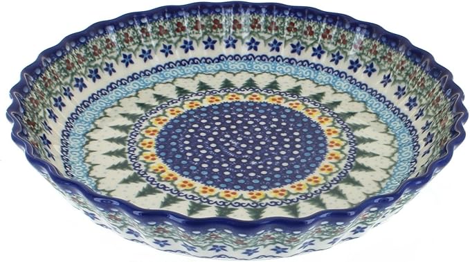 Blue Rose Polish Pottery - Green Holiday Pine Pie Plate - 10" Diameter - Unique, Dishwasher Safe, & Durable Bakeware