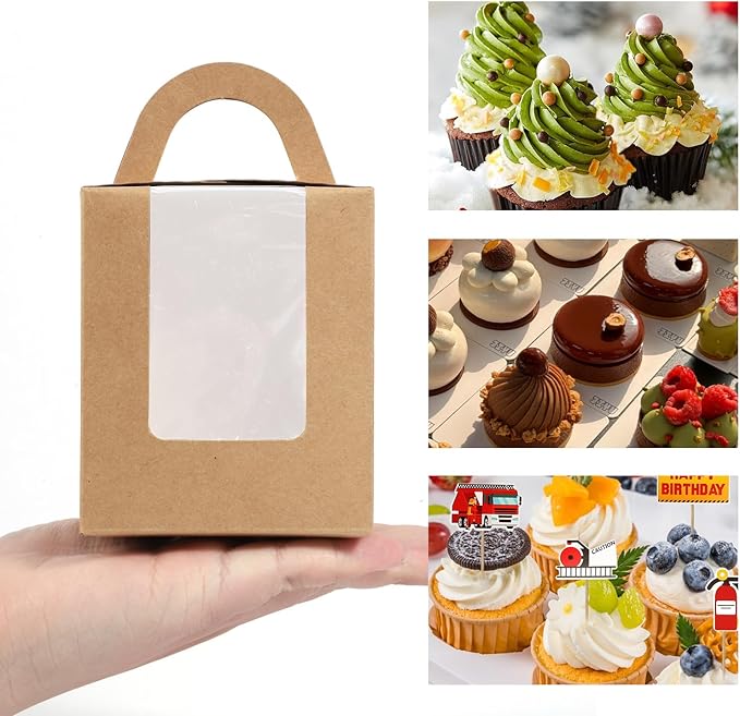 JCD 70 Packs Kraft Cupcake Boxes Individual Cupcake Holders Disposable Brown Cupcake Boxes with Window 3.6 * 3.6 * 4.3inch Single Cupcake Containers Pastry Box Muffins Holder for Bakery (Brown/70Pcs)