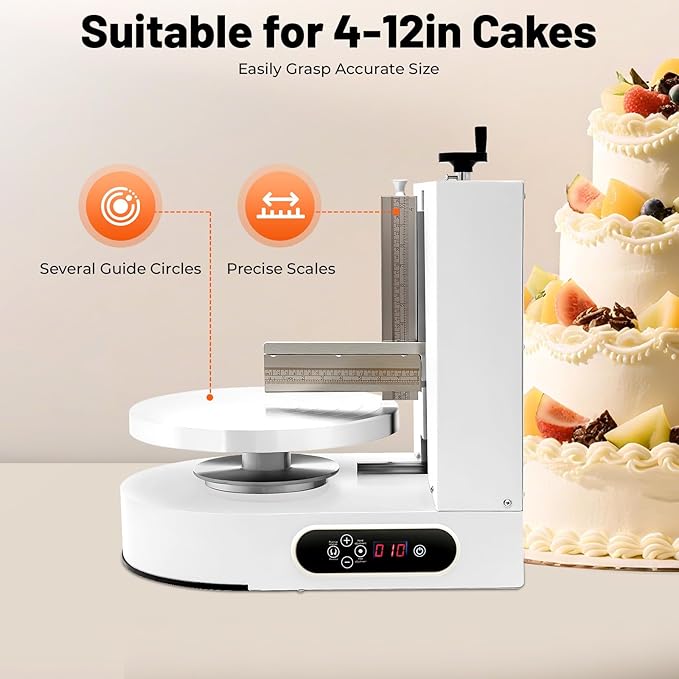 4-12“ Cake Decorating Coating Machine w/LCD, Auto Cream Spreading Machine Smooth Coating Decoration Machine, 60-320rpm Adjustable Tabletop Cake Turntable for Cake Shop Household, 220W (White)