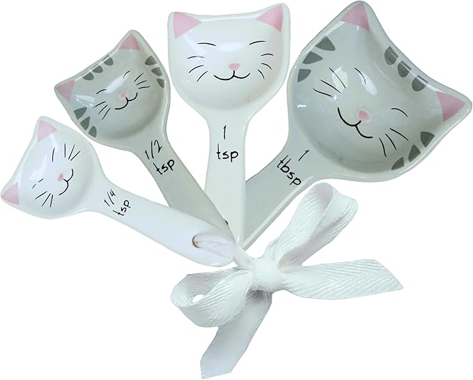 Cat Measuring Spoons - Cute Measuring Spoons Set w/Ribbon- Cat Kitchen Accessories for Cat Baking Supplies - Ceramic Measuring Spoons Set - Cat Themed Kitchen Items- Baking Gifts for Women (Set of 5)