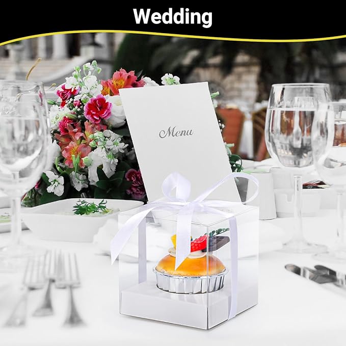 EUSOAR White Cupcake Boxes, 100 Packs 3.5 Inch Individual Clear Dessert Pastry Muffin Cupcake Containers with Inserts and Ribbon, Muffins Gift Holder Mini Cake Carrier for Wedding Party Favor Bakery