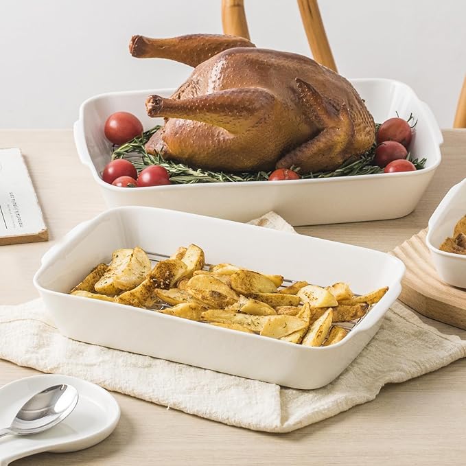 2 QT Small Ceramic Baking Dish, White Casserole Dish with Roasting Racks, Lasagna Pan for Oven, Ceramic Baking Pan, Kitchen Decor, Microwave Oven Safe, Dinner, Wedding (7.6" x 12.3")