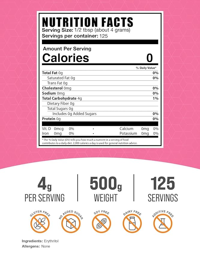 BulkSupplements.com Erythritol Powder - Erythritol Sweetener. Sugar Substitute - Zero Calorie Sweetener, Granular & Gluten Free, 4g of per Serving, 500g (1.1 lbs) (Pack of 1)