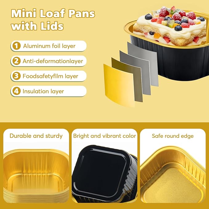 Ruckae 10oz 100 Pcs Square Mini Loaf Pans with Lids-Disposable Foil Dessert Containers,Mini Cake Pans with Lids,Aluminum Dessert Cups for Parties and Weddings (Black Gold, 10oz)