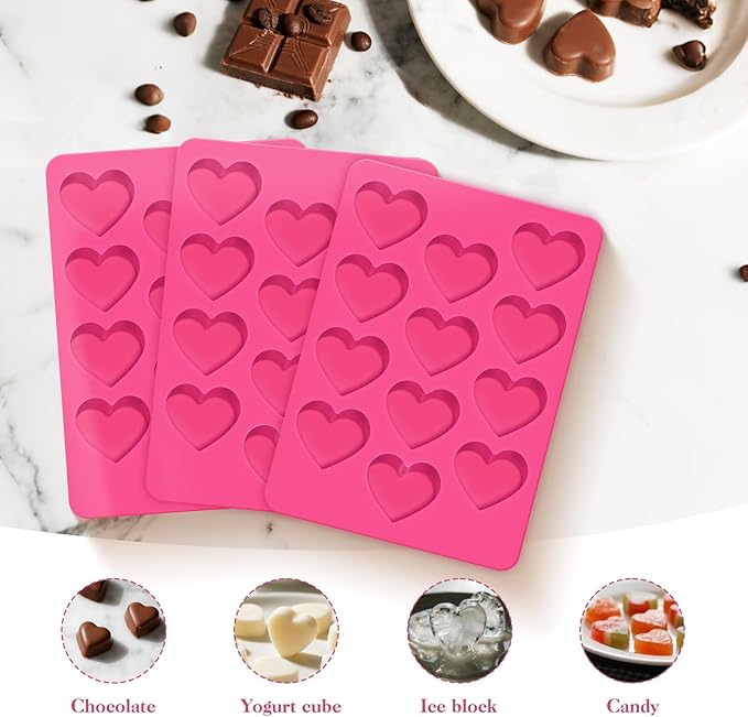 3Pcs Heart Molds Silicone, Premium Heart Silicone Mold for Baking, Chocolate, Non-stick Silicone Heart Mold for Cakes Candies Soap