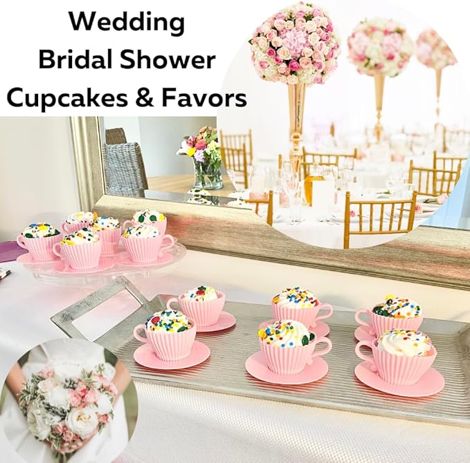 Evelots Baking Cupcake Molds - Silicone Teacup Set - 48 Pc Set - Oven-Safe - Nonstick - Muffin Cups for Bridal/Baby Shower, Birthday/Tea Party - 24 Cups & 24 Saucers - BPA Free