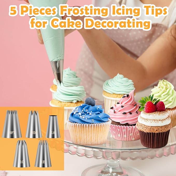5Pcs Large Piping Tips Set Food Grade Stainless Steel Cake Decorating Tips Frosting Piping Kit for Cupcakes Cake Pastries Cookie Decorating Supplies Baking Set Tools (1A 1E 1C 9FT 356)