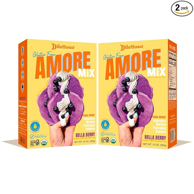 Dilettoso's Organic Gluten-Free Oat Flour Baking Mix | Wild Blueberry | Pancakes, Waffles, Cupcakes, Brownies, and Cookies | 10oz AMORE Mix (2 Boxes)