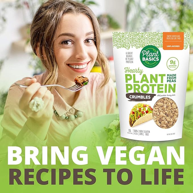 Plant Basics - Hearty Plant Protein - Unflavored Crumbles, 8 oz, Made from Peas, Non-GMO, Gluten Free, Low Fat, Low Sodium, Vegan, Meat Substitute