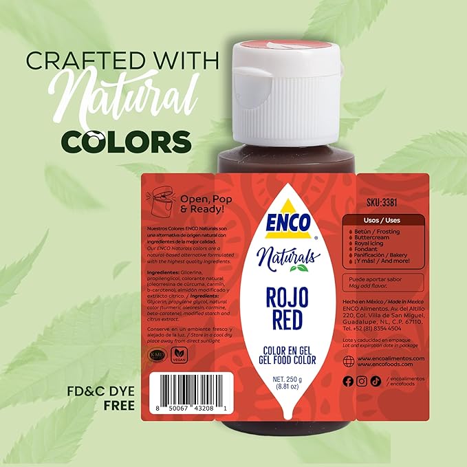 ENCO Naturals Food Coloring Gel Red 1.41 oz - No artifitial dyes - Vibrant colors for Icing, Buttercream, Fondant