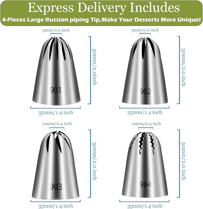 FANTEXY Large Piping Tips Set, 4 Pieces Stainless Steel Russian Ruffle Frosting Icing Tips, Pastry Cake Decorating Supplies For Buttercream Cupcake Frosting kit