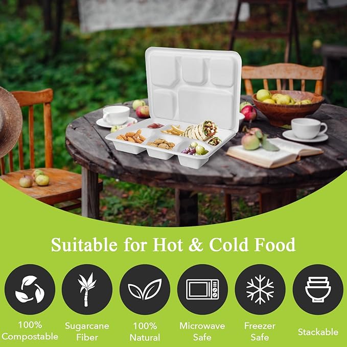 three leaf 5 COMPARTMENT MEAL TRAY WITH LID SET, 50 SETS. Heavy-Duty- Super Strong- Natural- Eco-Friendly Disposable Bagasse Tray with Plates, 100% Biodegradable Plates