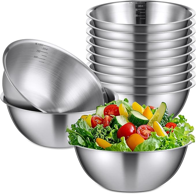 Honeydak 6 Pcs 304 Stainless Steel Mixing Bowls with Graduations, Salad Bowls Metal Serving Reusable Baking Food Storage Containers for Baking Cooking Salads Soups Ice Cream Noodles (54 oz)