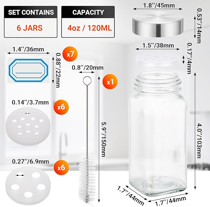 Segarty 4oz Spices Jars with Stainless Steel Shaker Lids, 6 Pack 120ml Square Spice Containers, Empty Glass Seasoning Organizers for Spices Storage, Small Salt and Pepper Shakers, 7 Stickers, 1 Brush