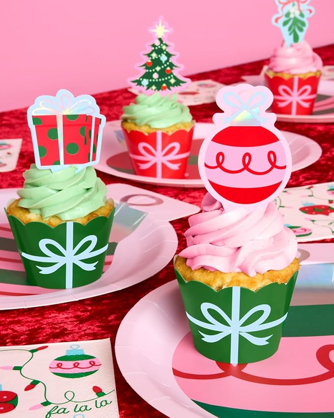 xo, Fetti Christmas Cupcake Toppers + Wrappers - Set of 24 | Kids Cake Decoration, Xmas Party Decor, Holiday Supplies, Winter Dessert Accessory
