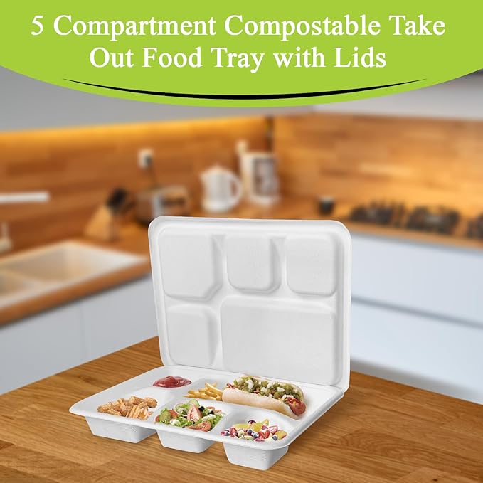 three leaf 5 COMPARTMENT MEAL TRAY WITH LID SET, 25 SETS. Heavy-Duty- Super Strong- Natural- Eco-Friendly Disposable Bagasse Plates with lead, 100% Biodegradable Plates