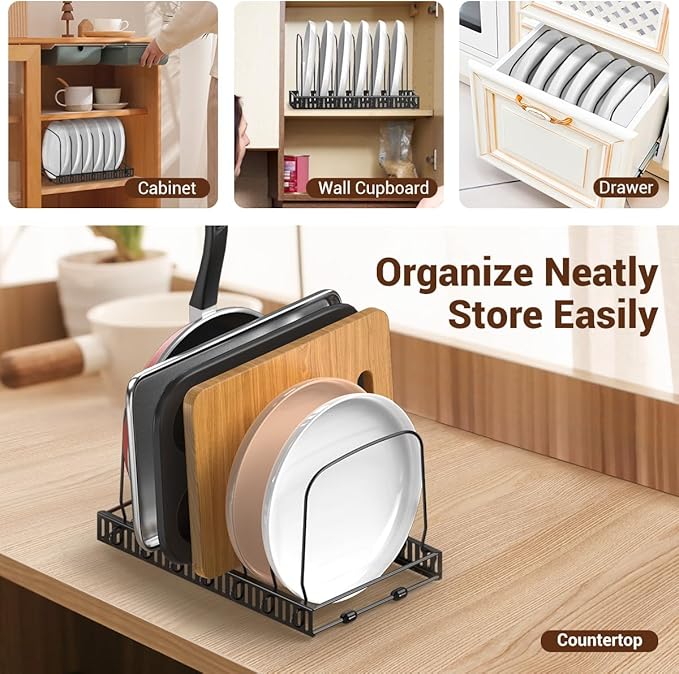 Housolution Cutting Board Organizer Rack, Baking Tray and Cookie Sheet Organizer with 7 Adjustable Dividers, Bakeware Muffin Tin Cupcake Pan Storage Organizer for Cabinet, Black