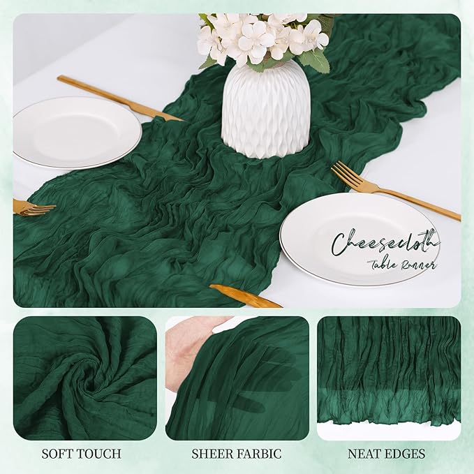 12 Pack Emerald Green Cheesecloth Table Runner 17x108 Inch Semi Sheer Boho Gauze Cheese Cloth Fabric Table Runners, for Wedding Party Baby Shower Birthday Home Decor Garden Farmhouse