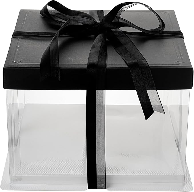 Sweet Vision Square Clear Plastic Cake Box - Black Lid and White Base, Black Ribbon - 8 1/2" x 8 1/2" x 6 3/4" - 10 count box