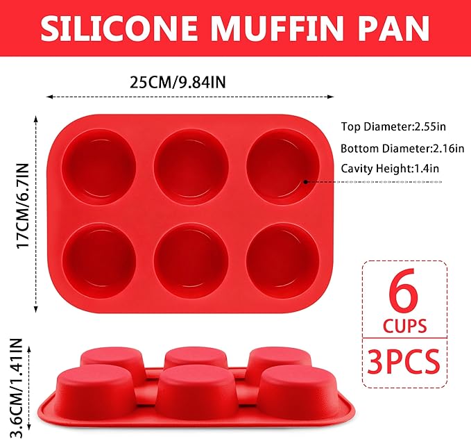 3-Pack 6-Cup Silicone Muffin Pans, Nonstick Cupcake Baking Molds, Muffin Cupcake Pans Molds for Baking, BPA/PFA-Free, Dishwasher & Oven Safe - Red