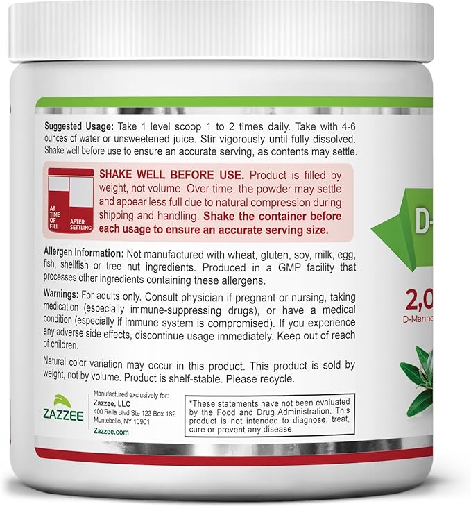 Zazzee D-Mannose Powder Plus, 2000 mg, 67 Servings, Potent & Fast-Acting, Plus 5 Billion CFU Probiotics and Pure Cranberry Juice Extract, Kosher, Free Scoop, 6.5 Oz, Gluten-Free, Non-GMO All-Natural