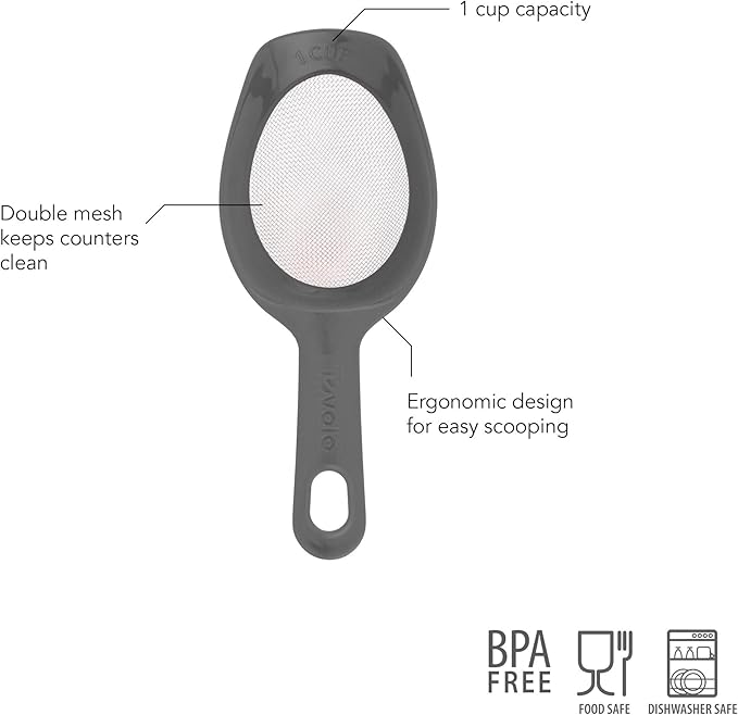 Tovolo Scoop & Sift, Ergonomic Fine Mesh Sieve Flour Sifter, Easy Scoop 1 Measuring Cup, Dishwasher-Safe Baking Tool for Dusting & Aerating, Charcoal