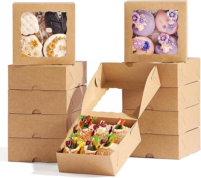 100 Pcs 5x5x2Inches Boxes for Baked Goods Bakery Boxes with Window for Treat, Cake, Cinamon Rool,Cookies,Chocolate Covered Strawberries & 5inch Favor Box Candy Gift Packing
