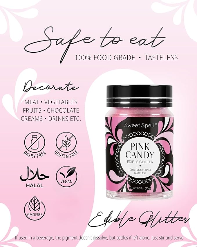 Sweet Spell Edible Glitter (15g) - Shimmer Sparkles for Drinks, Cakes, Cocktails - 100% Edible & Food Grade Glitter, Vegan, Gluten-Free (Pink Candy)