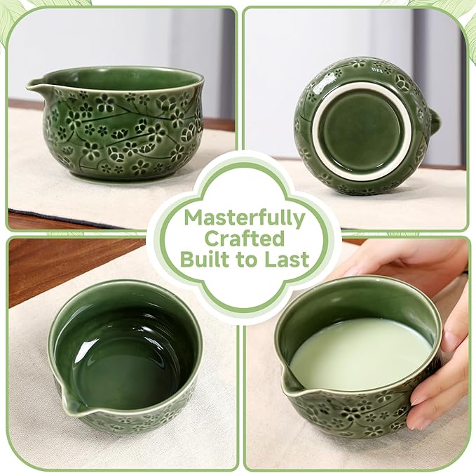7 Pcs Matcha Whisk Set, Ceremony Matcha Kit with Matcha Bowl, Bamboo Whisk and Holder, Scoop and Scoop Rest, Sifter and Tea Towel, Gift for Matcha Lovers (Green/Cherry Blossom-Patterned)