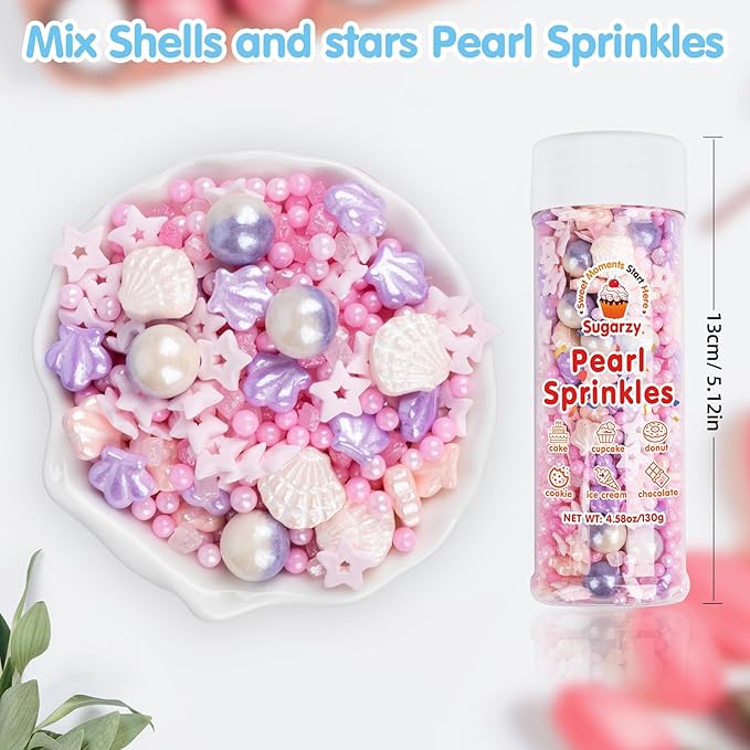 Sugarzy Edible Seashell Sprinkles for Cake Decorating,130g/4.58oz,Purple Pink Pearl Sugar Sprinkle Mix Shell,Baking Ocean Beach Candy Pearls Decorations,Perfect for Cookies,Donuts,Cupcake Topper,Birthday Holiday Party Supplies