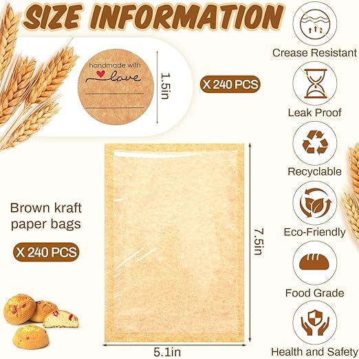 Outus 240 Pcs Cookie Packaging Bags with Seal, 5.1 x 7.5 Inch Bakery Pastry Bags with Window, Heat Sealable Grease Resistant Paper to Go Bake Sleeves for Gift Giving Donut Bread Sandwich (Brown)